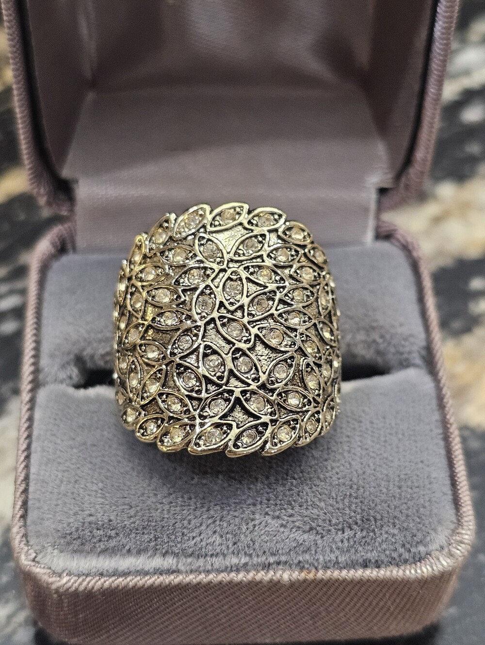 Gold-Tone Filigree Dome Ring with Pavé Crystal Accents ~ Size 8.5-9
